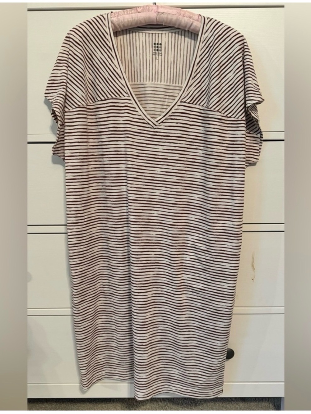 Title Nine Striped V-Neck Dress in White and Burgundy